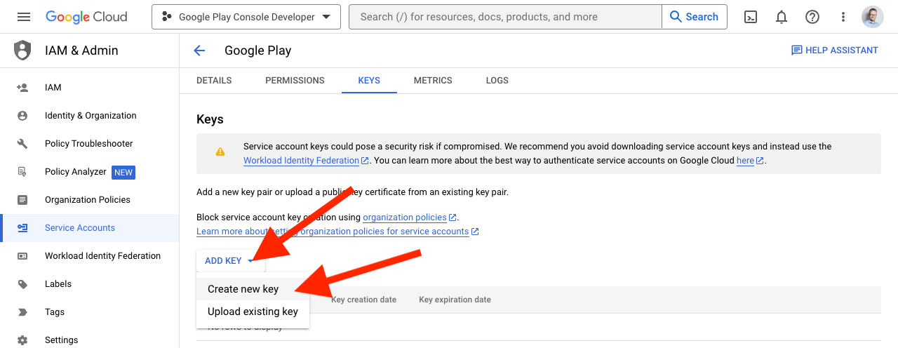 Manage Keys page with ADD KEY dropdown showing Create new key