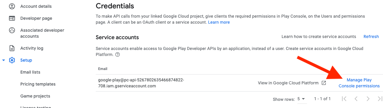 Play Console API access page showing Manage Play Console permissions link
