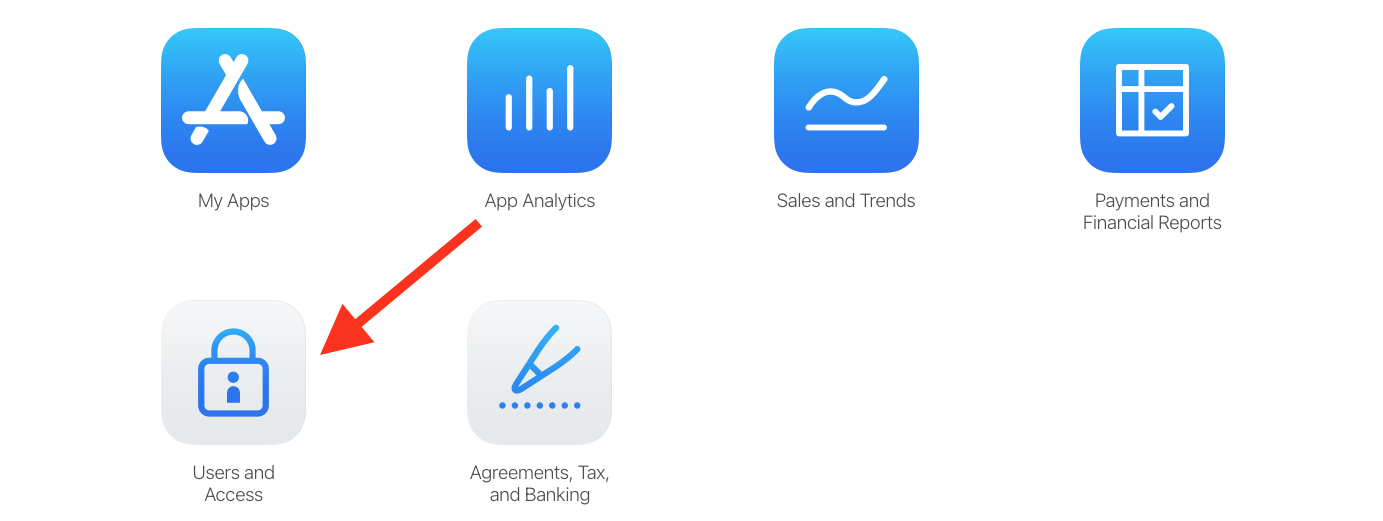 App Store Connect dashboard with Users and Access highlighted