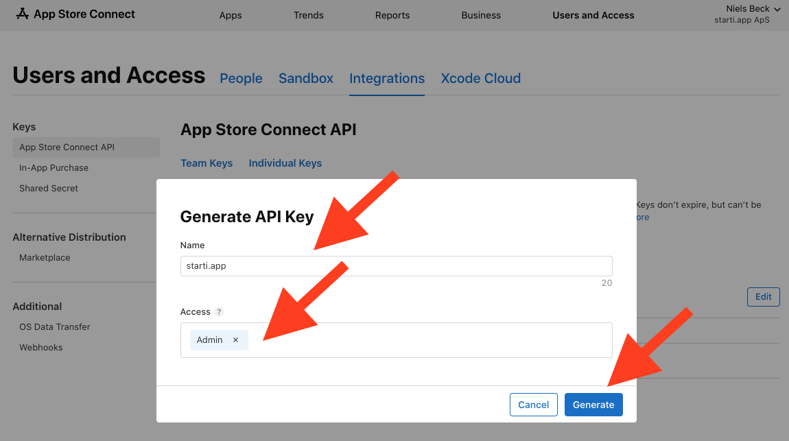 Generate API Key dialog with name set to starti.app and access set to Admin
