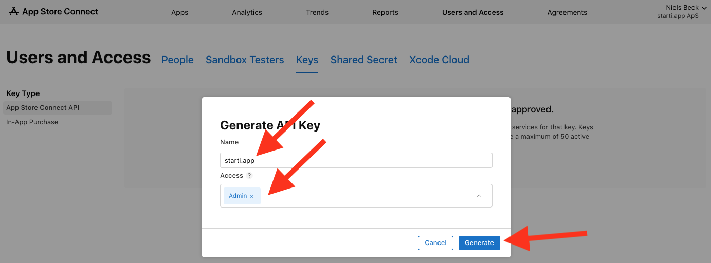 Generate API Key form with name and access fields