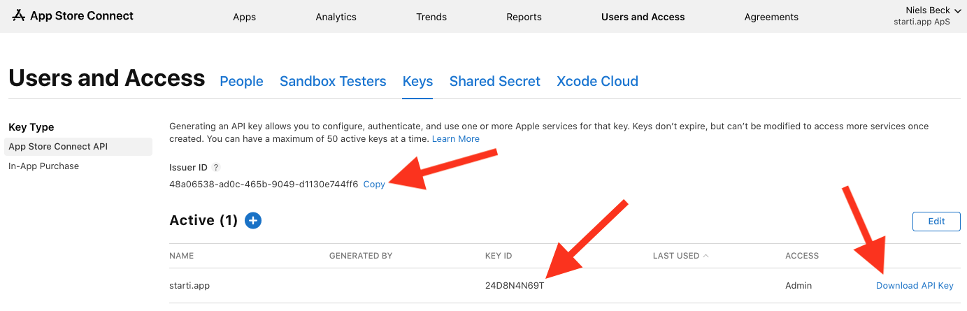 Keys page showing Issuer ID, Key ID, and Download API Key button