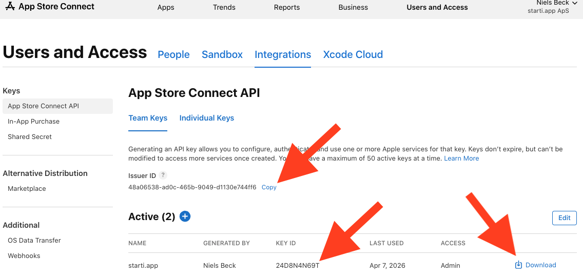 App Store Connect API page showing Issuer ID, Key ID, and Download button